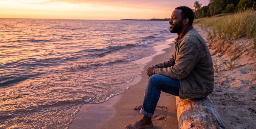 Man sitting quietly at the edge of a calm lake finding anxiety disorder treatment in grand rapids mi