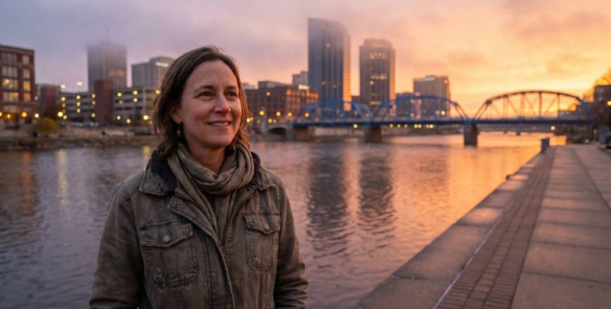 Woman standing calmly at the riverfront with the grand rapids skyline and blue bridge at dusk navigating bipolar depression treatment in grand rapids mi