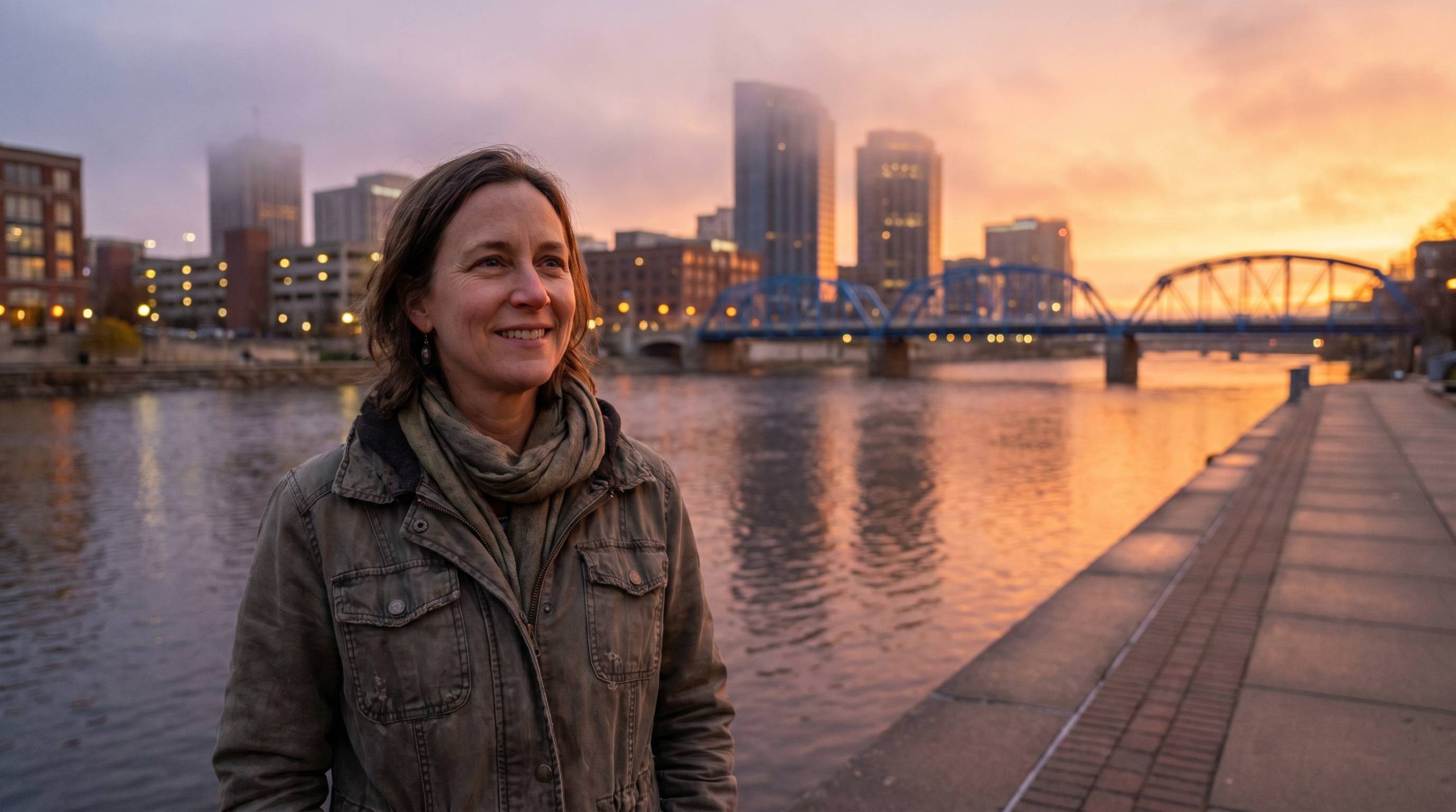 woman standing calmly at the riverfront with the grand rapids skyline and blue bridge at dusk navigating bipolar depression treatment in grand rapids mi