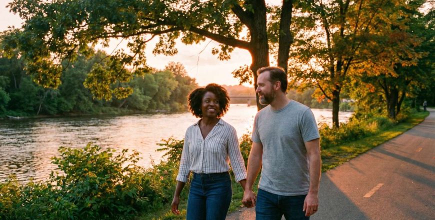 Couple holding hands walking a green riverside path at sunset finding hope for treatment resistant depression care in grand rapids mi