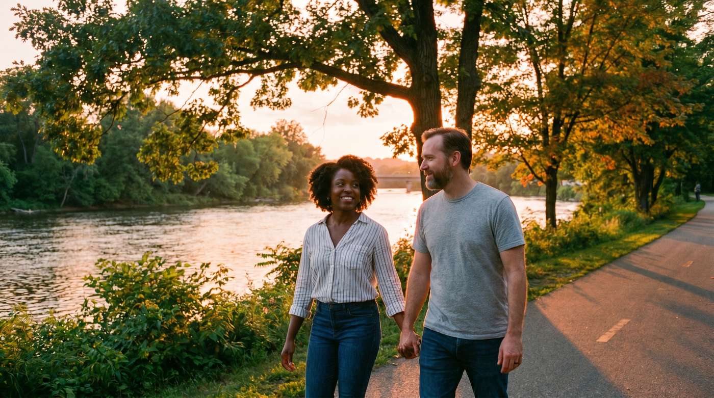 couple holding hands walking a green riverside path at sunset finding hope for treatment resistant depression care in grand rapids mi