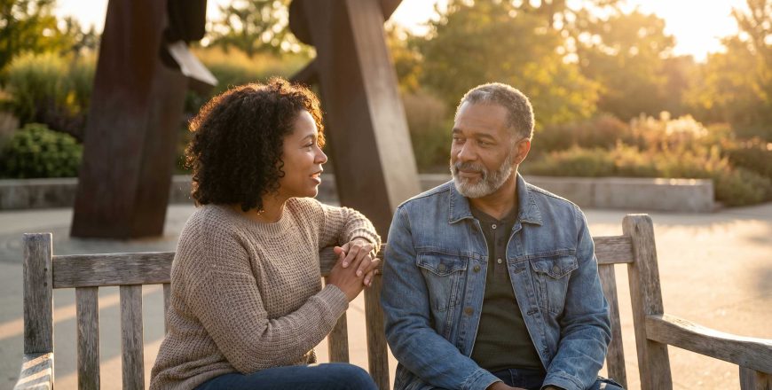 Woman and older man talking closely on a wooden bench in warm evening light exploring ketamine assisted psychotherapy in grand rapids mi