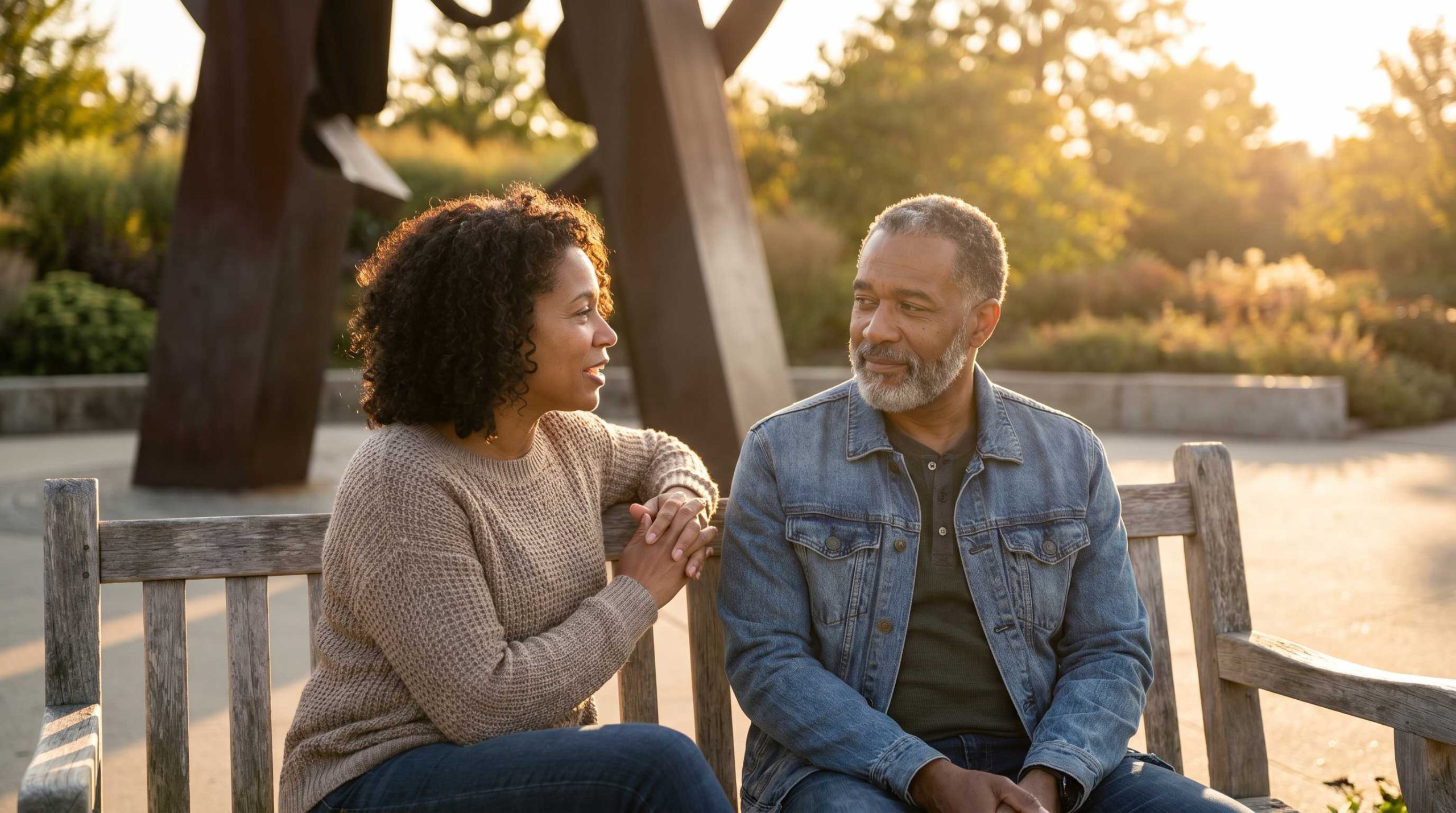 Woman and older man talking closely on a wooden bench in warm evening light exploring ketamine assisted psychotherapy in grand rapids mi