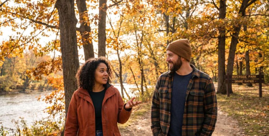 Two people walking and talking along a wooded riverside park trail in autumn during ocd treatment in grand rapids mi