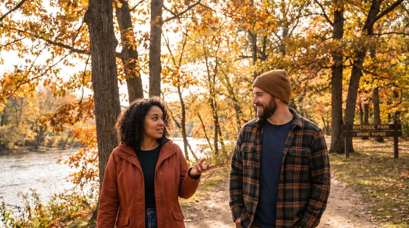 two people walking and talking along a wooded riverside park trail in autumn during ocd treatment in grand rapids mi